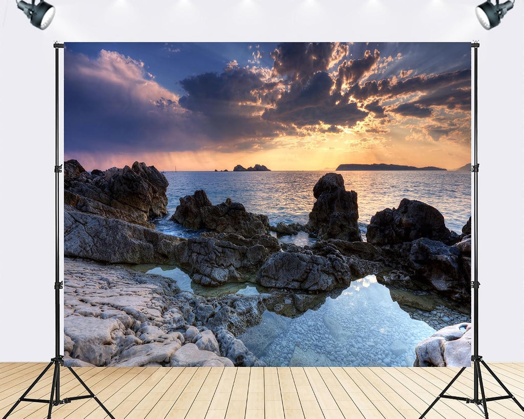 Trykid 20x10ft Rocky Coastal Shore Backdrop Golden Sunset Clear Tide Pools Scene Photography Background Seaside Serenity Party Decoration Photo Booth Prop Fabric