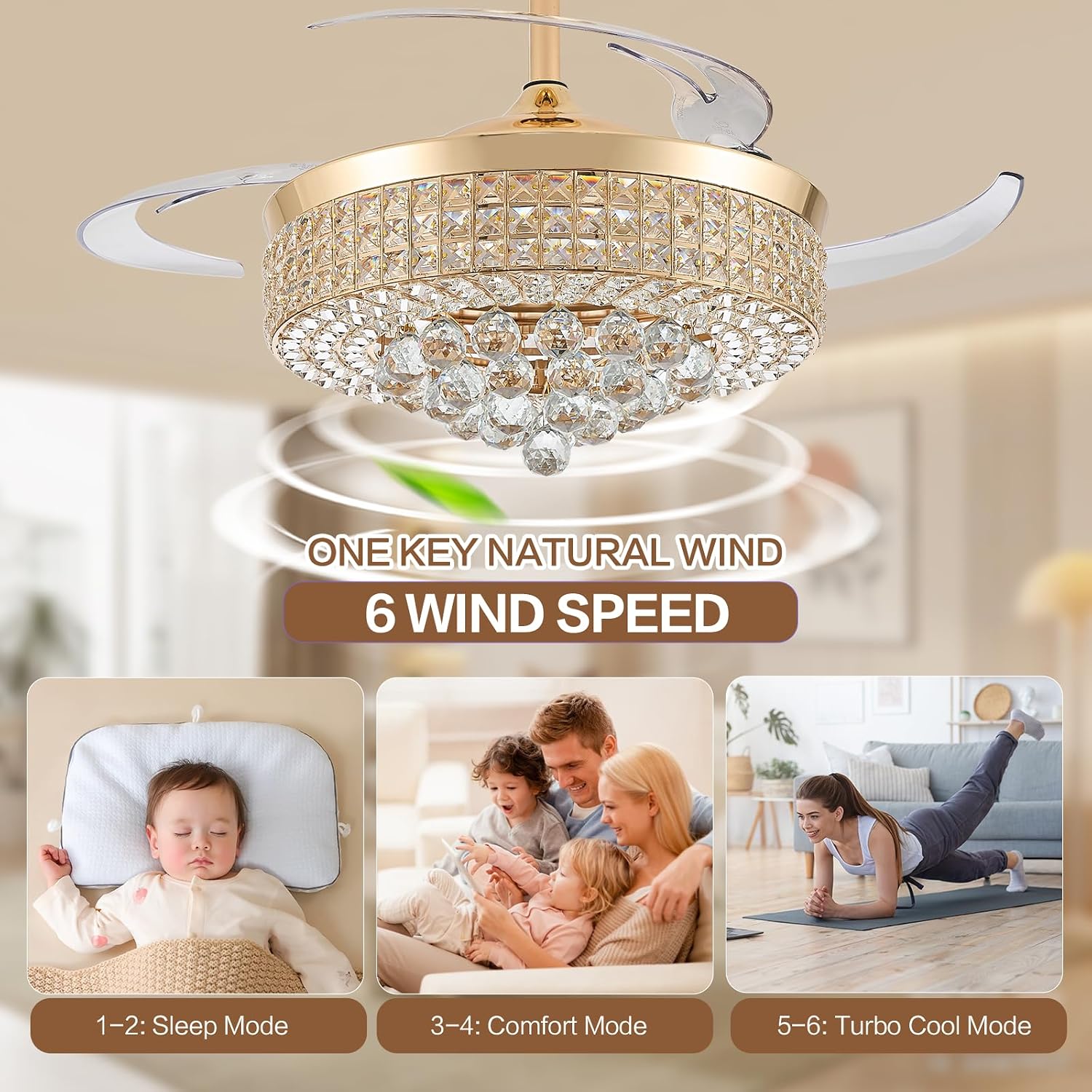 RGB Bluetooth Ceiling Fan with Light & Speaker, Gold, 48in | Retractable Crystal Fandelier, Music Crystal Chandelier Fan, 6-Speed APP Remote Control, Timer