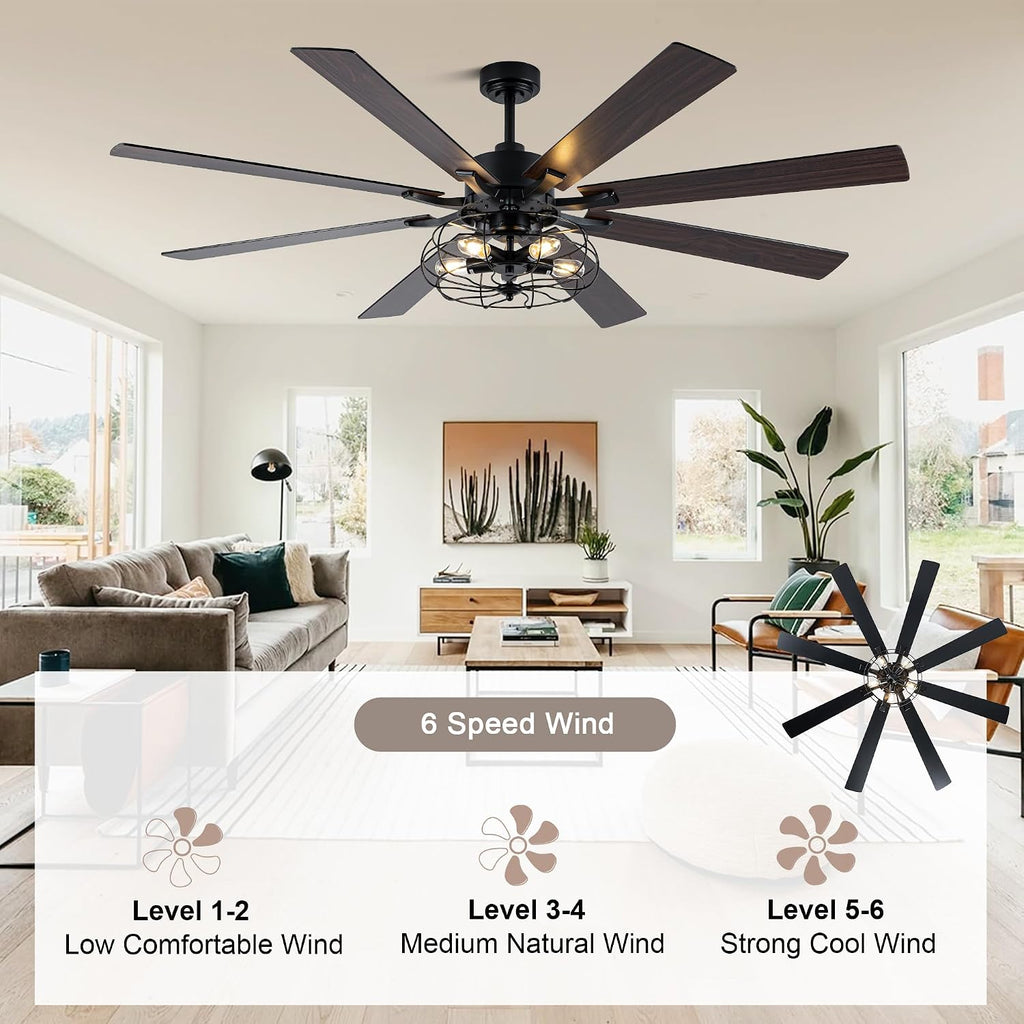 72 Inch Farmhouse Ceiling Fan with Lights and Remote Industrial Caged Ceiling Fan Large Rustic Fandelier Chandelier Light for Indoor Outdoor, 5 E26 Bulbs (Not Included), Reversible 6 Speeds