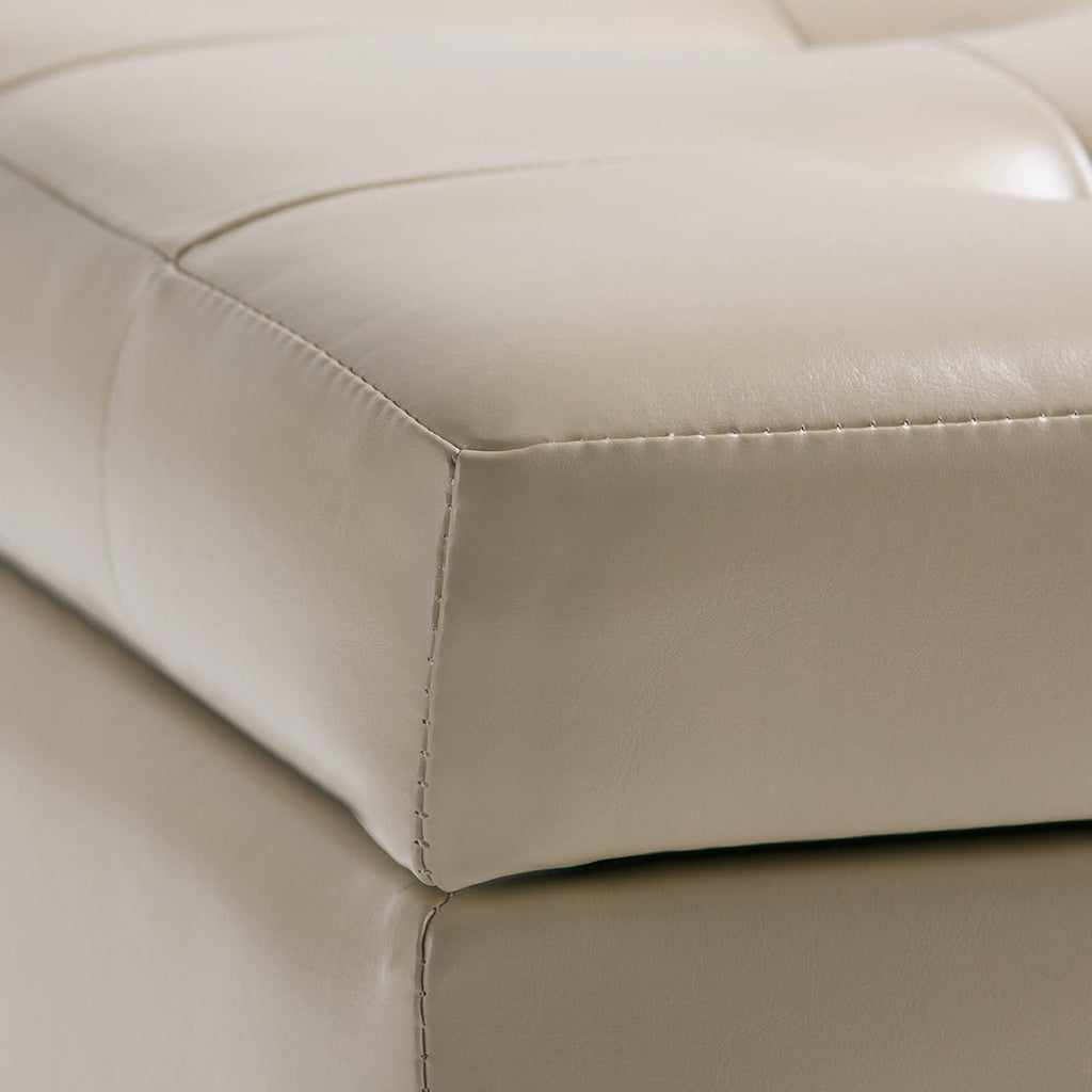 SIMPLIHOME Cosmopolitan Storage Ottoman - 34 inch Wide Upholstered Vegan Leather Rectangle Storage Ottoman Bench in Satin Cream, Transitional Tufted Ottoman for Living Room with Lift-Up Lid