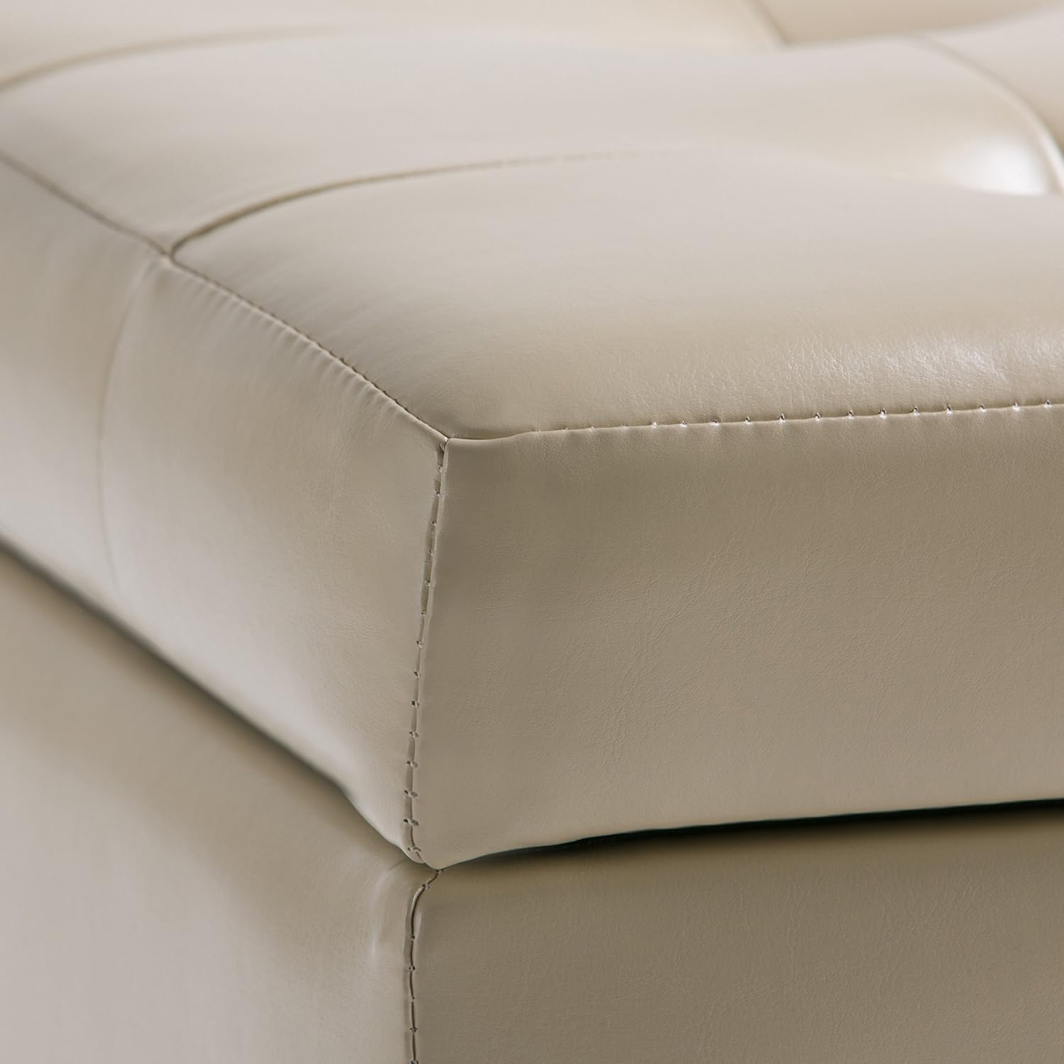 SIMPLIHOME Cosmopolitan Storage Ottoman - 34 inch Wide Upholstered Vegan Leather Rectangle Storage Ottoman Bench in Satin Cream, Transitional Tufted Ottoman for Living Room with Lift-Up Lid