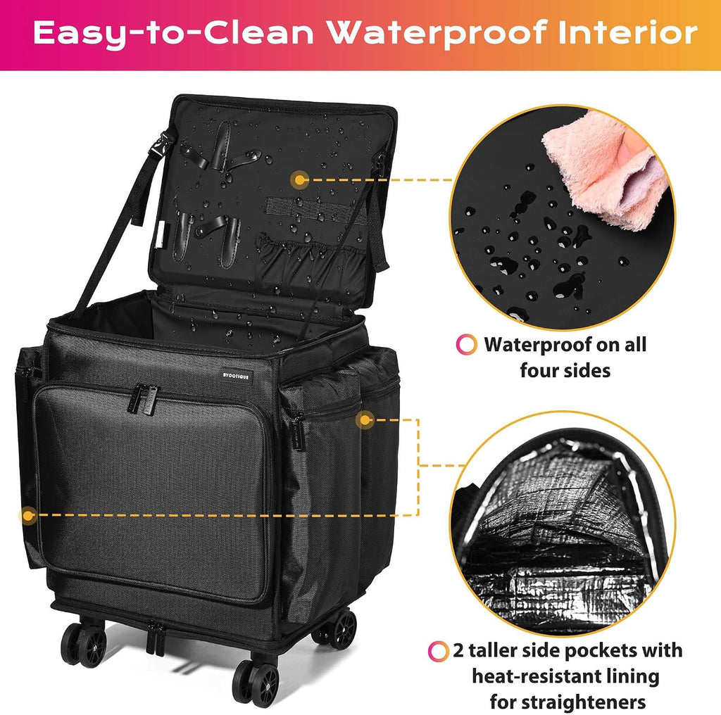 BYOOTIQUE Soft Sided Rolling Makeup Train Case Travel Backpack For Hair Stylist Tools Curling Iron Straightener Salon Barber Shop, Black