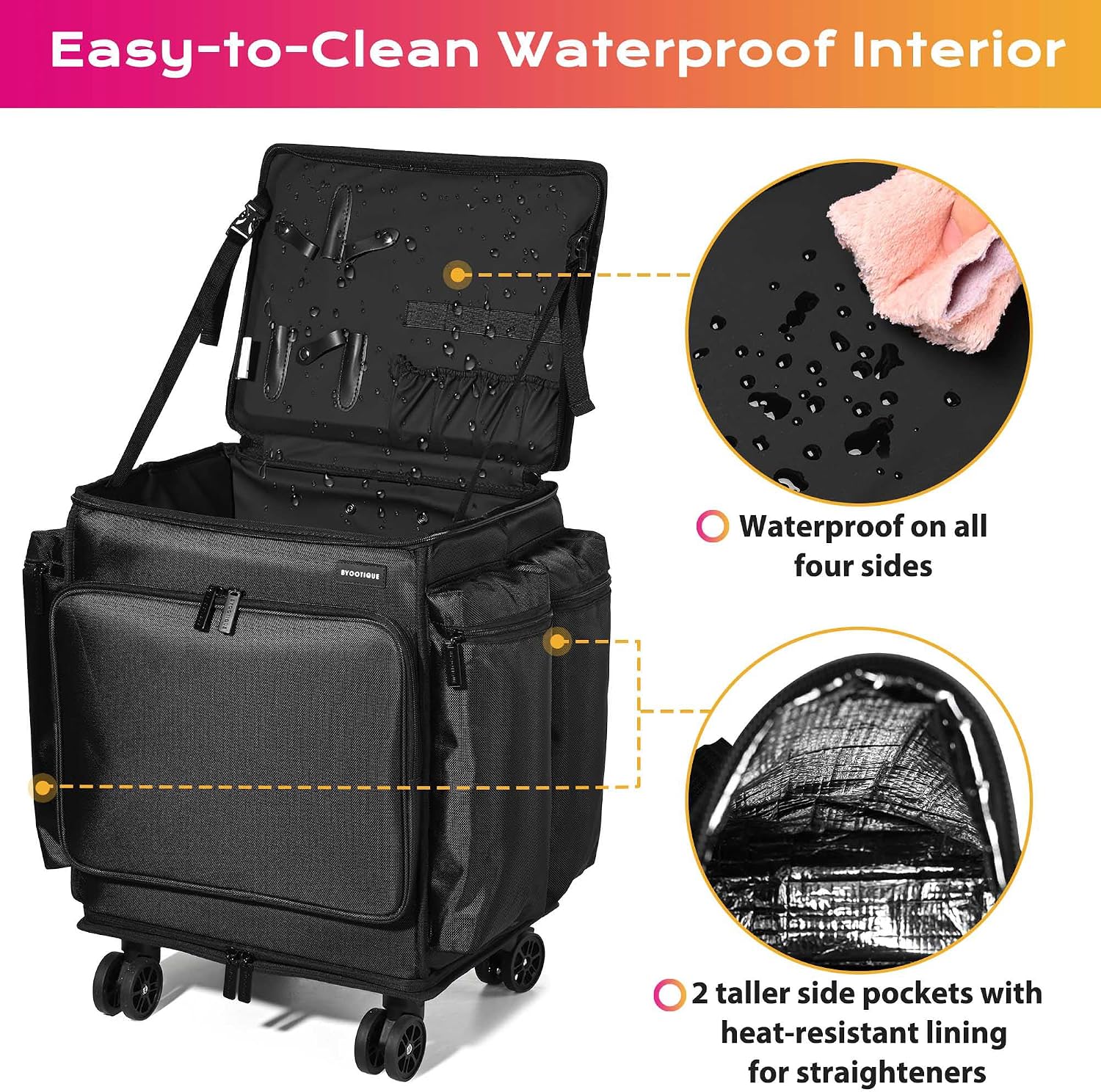BYOOTIQUE Soft Sided Rolling Makeup Train Case Travel Backpack For Hair Stylist Tools Curling Iron Straightener Salon Barber Shop, Black