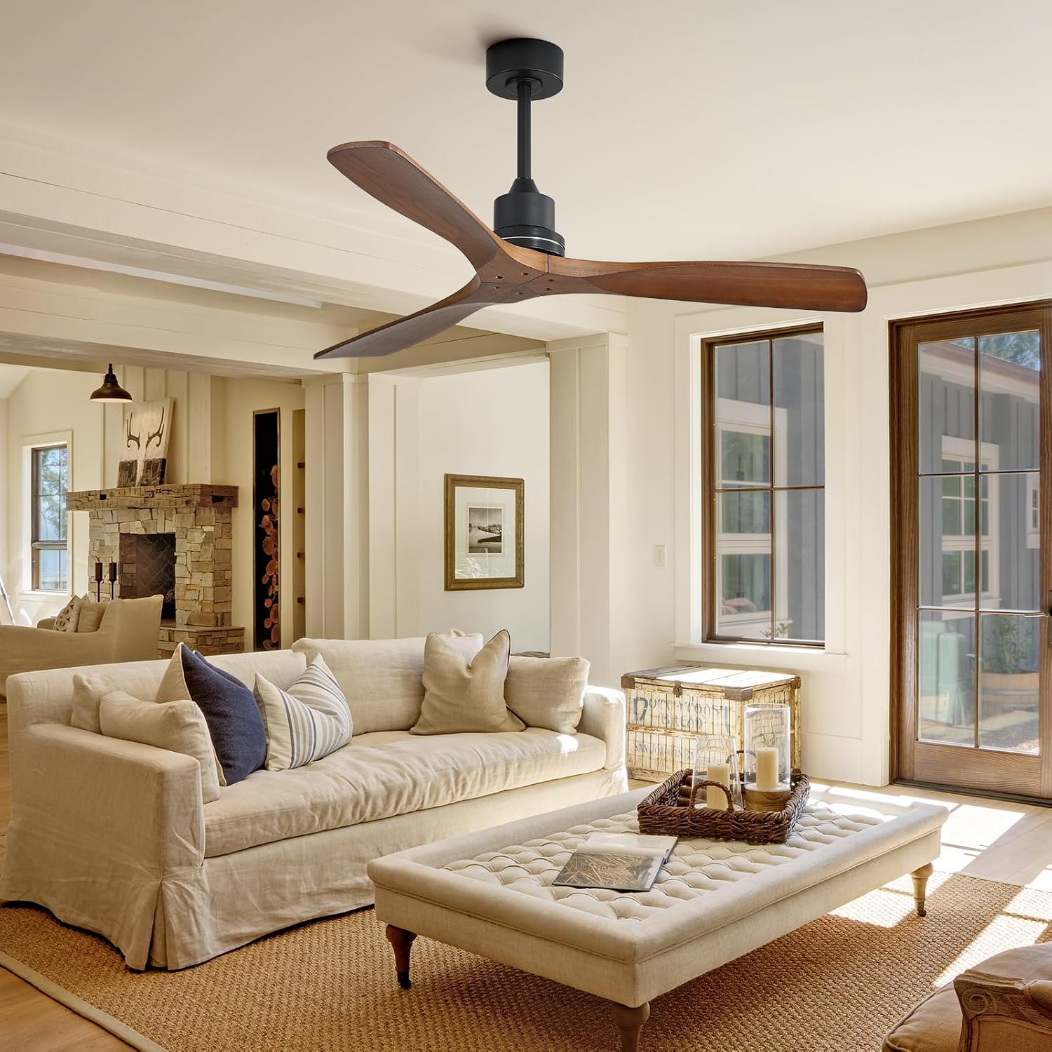 Sofucor Ceiling Fan no Lights, 52 Inch Low Profile Flush Mount Ceiling Fans with Remote, Modern Wood Ceiling Fan for Bedroom Indoor Outdoor, 6-Speed Reversible DC Motor Dimmable Timer