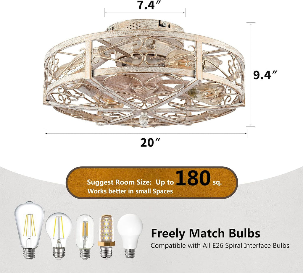 20' Caged Ceiling Fan with Light,Vintage Rustic Farmhouse Kitchen Decor,Bladeless Ceiling Fans with Lights and Remote,Low Profile Fan for Bedroom,Reversible 6 Speeds Motor,4 E26 Bulbs Included