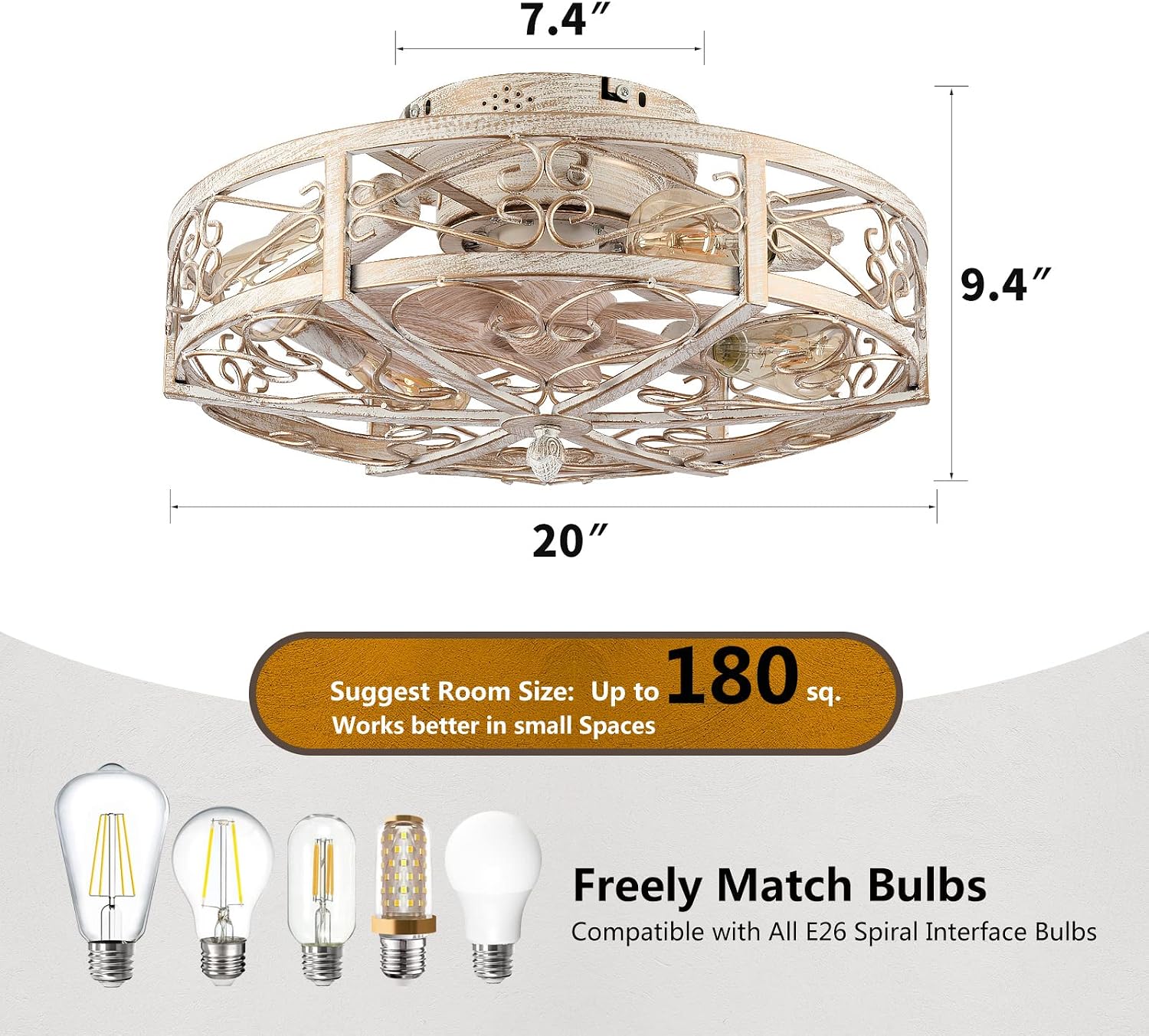 20' Caged Ceiling Fan with Light,Vintage Rustic Farmhouse Kitchen Decor,Bladeless Ceiling Fans with Lights and Remote,Low Profile Fan for Bedroom,Reversible 6 Speeds Motor,4 E26 Bulbs Included