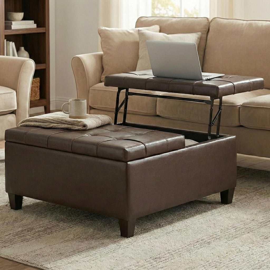 SIMPLIHOME Harrison Coffee Table Storage Ottoman - 36 inch Wide Upholstered Vegan Leather Square Lift-Top Ottoman in Chocolate Brown, Transitional Ottoman for Living Room with Hidden Storage