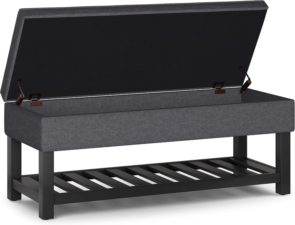 SIMPLIHOME Cosmopolitan Storage Ottoman Bench - 44 inch Wide Upholstered Linen Look Fabric Rectangle Storage Ottoman in Slate Grey, Transitional Bench for Bedroom with Tufted Lift-Top and Open Shelf