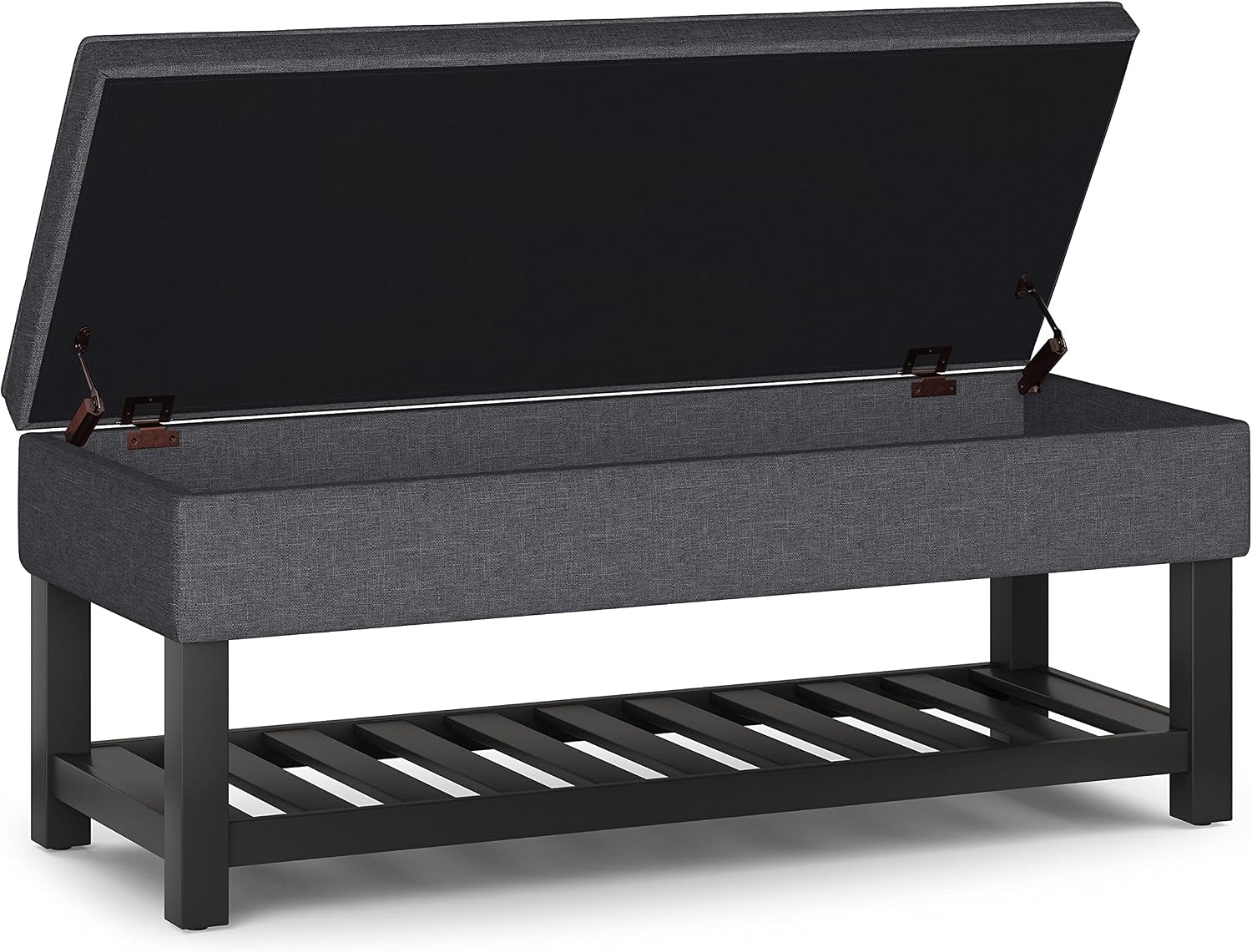 SIMPLIHOME Cosmopolitan Storage Ottoman Bench - 44 inch Wide Upholstered Linen Look Fabric Rectangle Storage Ottoman in Slate Grey, Transitional Bench for Bedroom with Tufted Lift-Top and Open Shelf