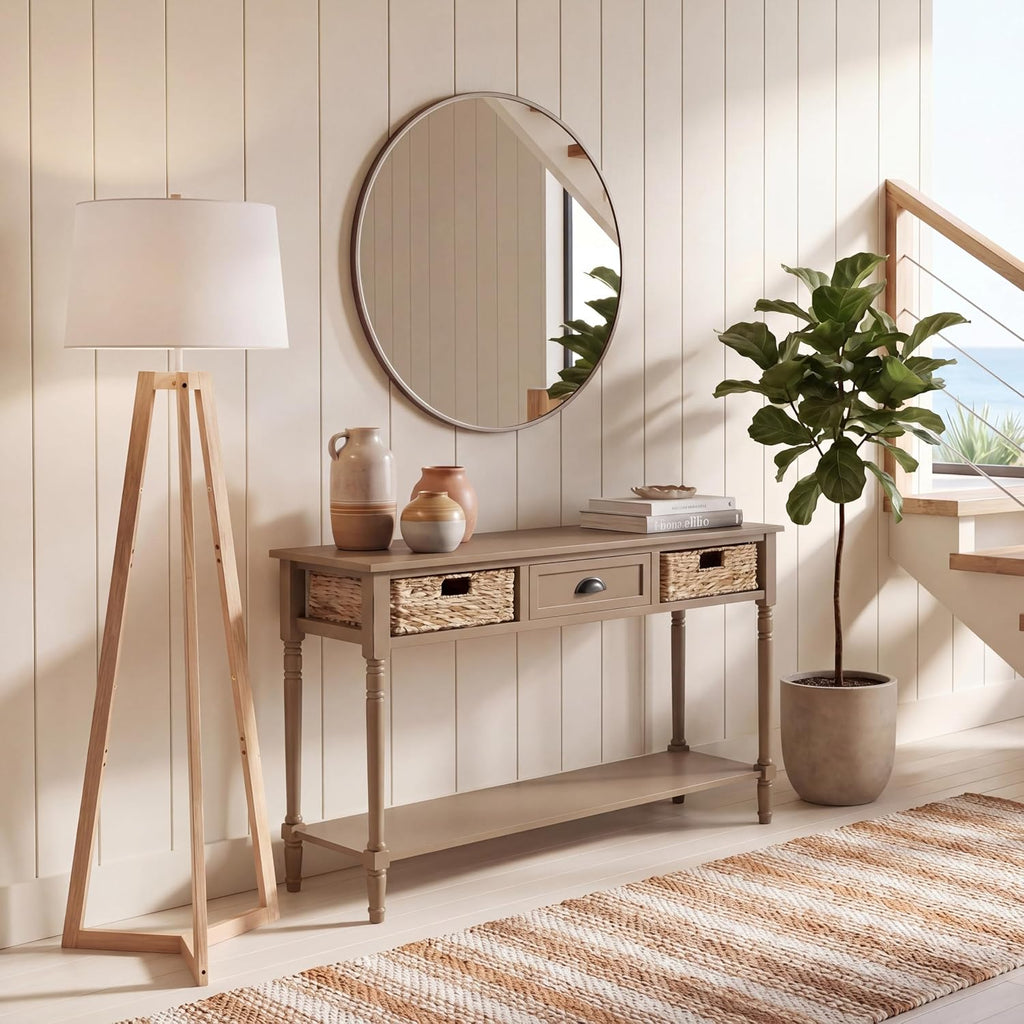 SAFAVIEH Home Collection - Christa Entryway Console Table, Desert Brown Solid Wood 3-Drawer Storage Sofa Table with Rattan Baskets (AMH5737L)