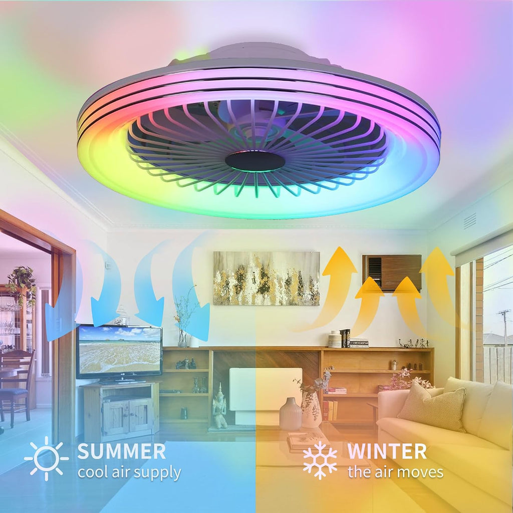 24' Low Profile Bladeless Ceiling Fans with Light, Enclosed Flush Mount Ceiling Fan with RGB Lights, Dimmable Color Changing LED Ambient Light, Smart Remote/APP/Voice Control