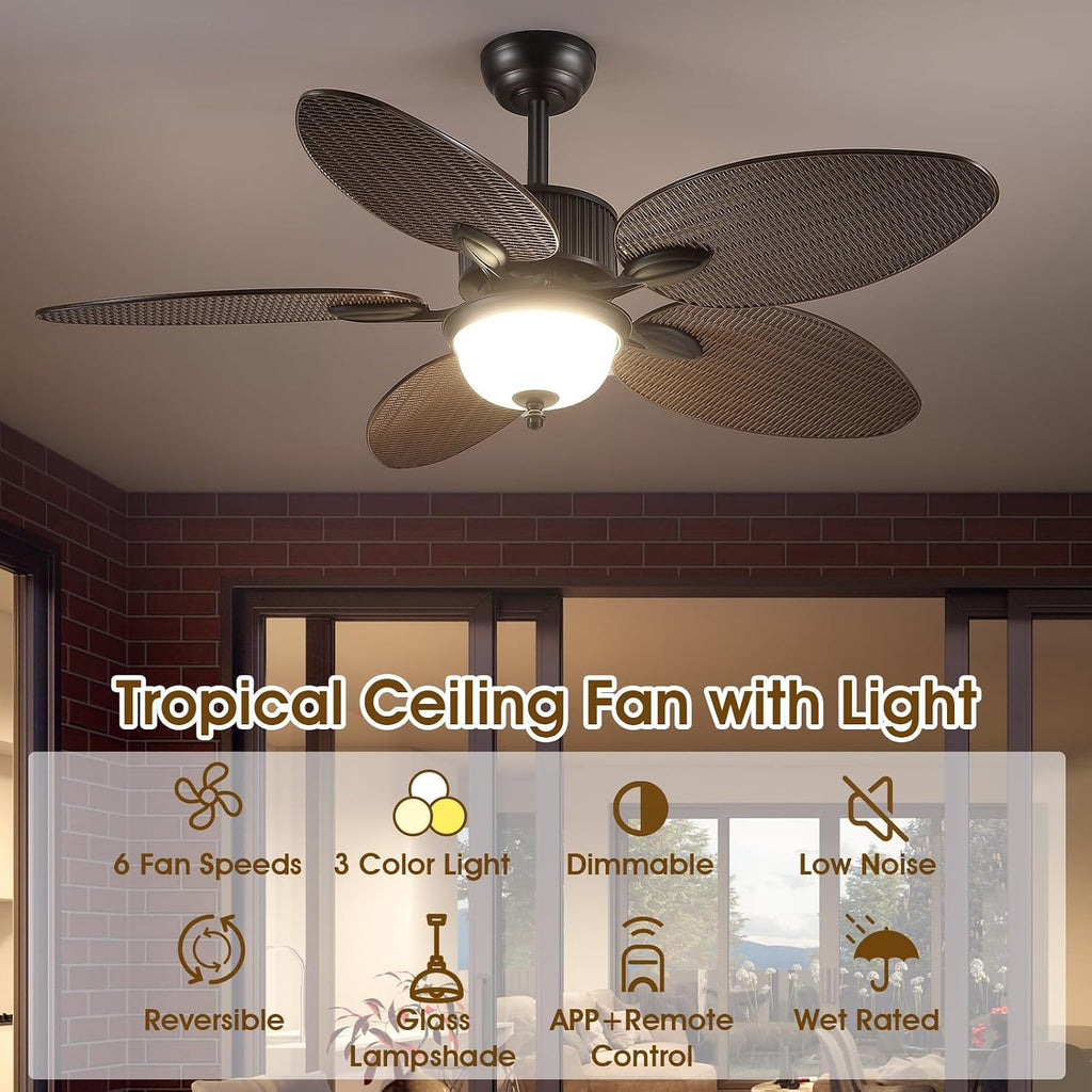 Wiviniya 50 Inch Tropical Ceiling Fans with Lights, Palm Leaf Waterproof Outdoor Ceiling Fan for Patios Porch, Remote/APP Control, Wet Rated, Glass Lampshade, Quiet DC Motor, Dimmable LED, Dark Brown