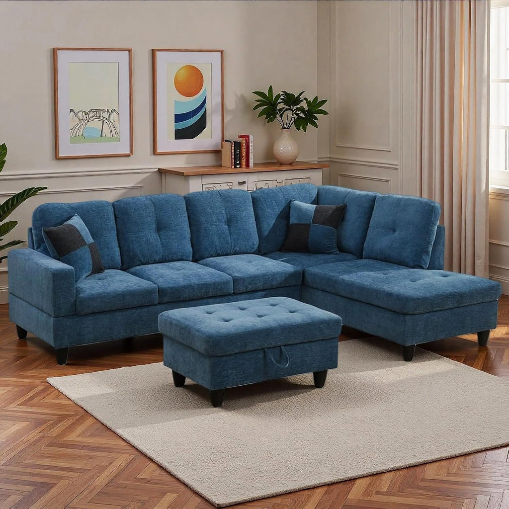 103.5' Sectional Couches for Living Room, Leather 4 Seat L Shaped Couch with Chaise, 3-Piece Modular Sofa with Storage Ottoman, Home Furniture Sets for Apartment Office, Blue