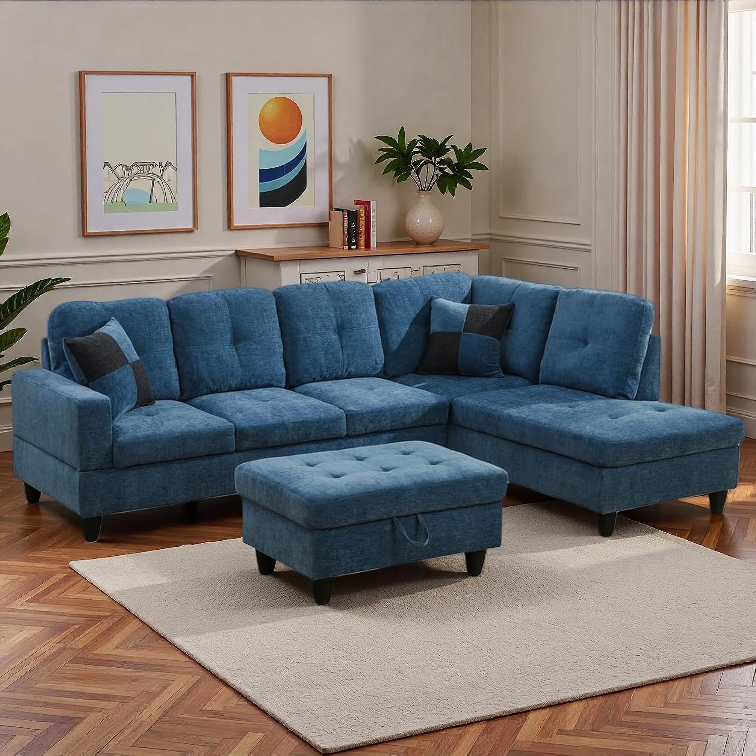 103.5' Sectional Couches for Living Room, Leather 4 Seat L Shaped Couch with Chaise, 3-Piece Modular Sofa with Storage Ottoman, Home Furniture Sets for Apartment Office, Blue