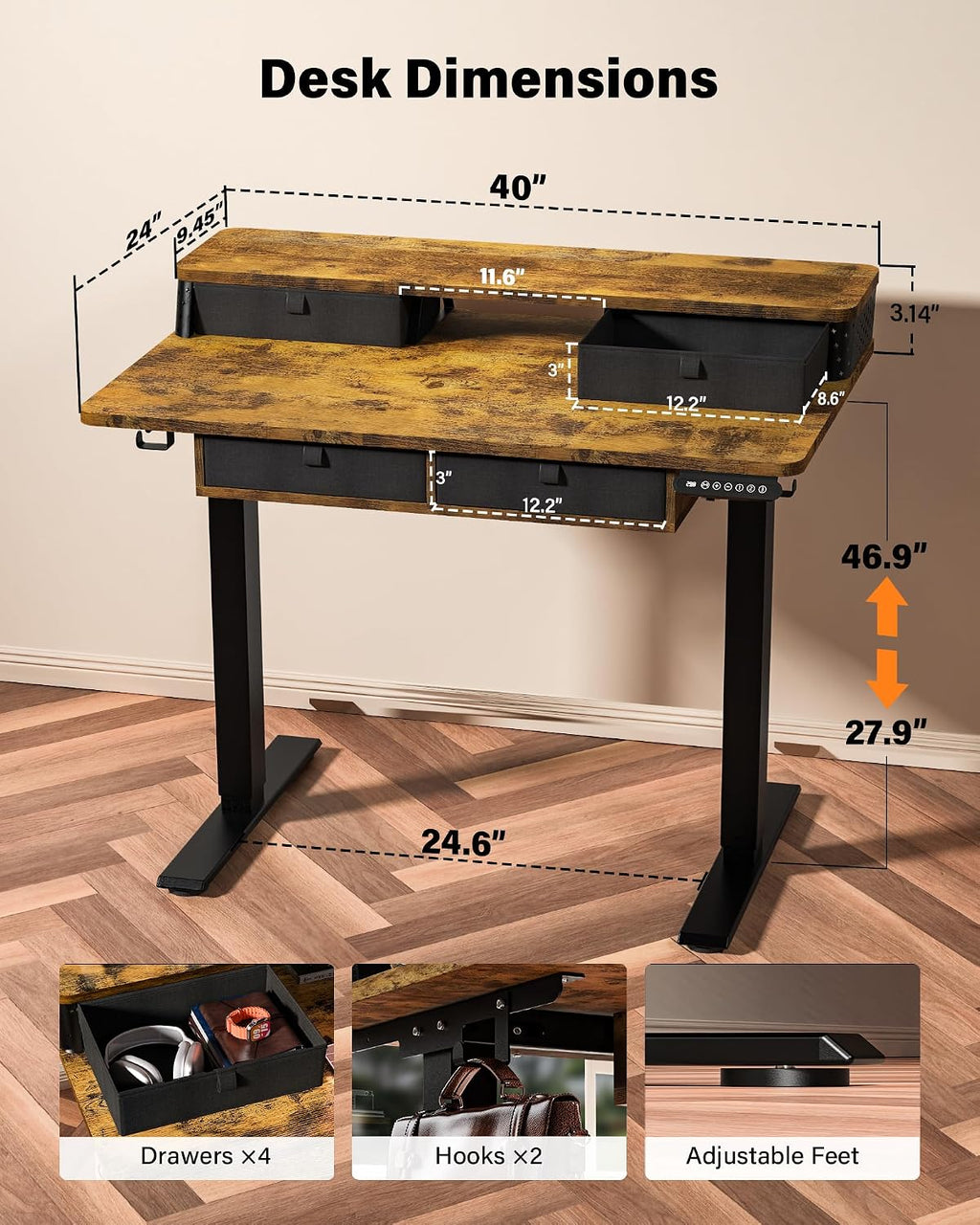 FiCiHi Electric Standing Desk with Four Drawers, 40 x 24 Inch Adjustable Height Sit Stand Desk, C-Clamp Compatible Home Office Desk with Storage Shelf & Monitor Stand Riser, Rustic Brown