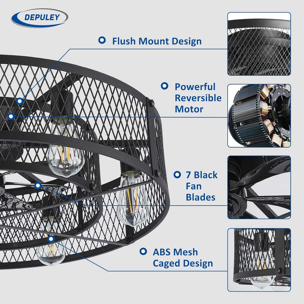 Depuley Low Profile Ceiling Fan: 26' Flush Mount Ceiling Fan Lights Reversible - Industrial Caged Ceiling Fans Light Fixture 6 Speeds for Bedroom Kitchen Black E26 Base Bulbs Not Included