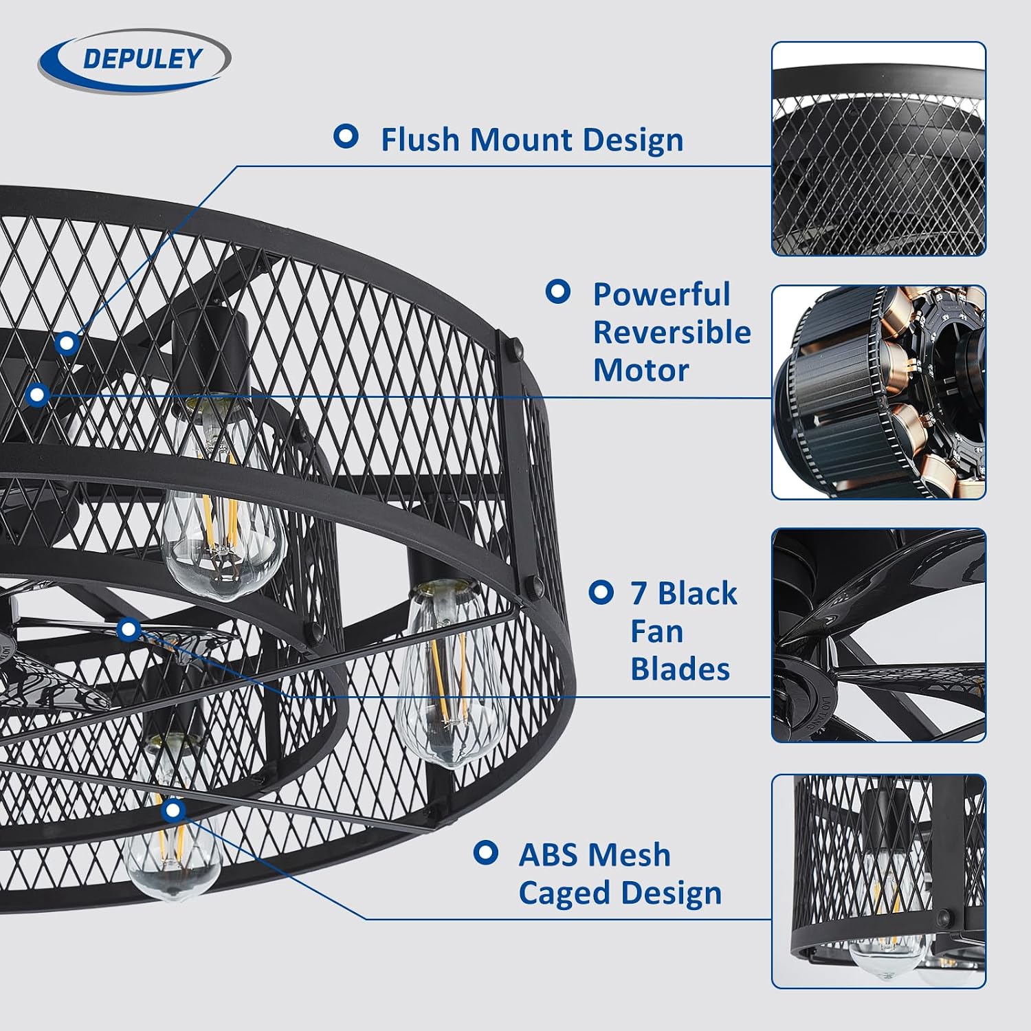 Depuley Low Profile Ceiling Fan: 26' Flush Mount Ceiling Fan Lights Reversible - Industrial Caged Ceiling Fans Light Fixture 6 Speeds for Bedroom Kitchen Black E26 Base Bulbs Not Included