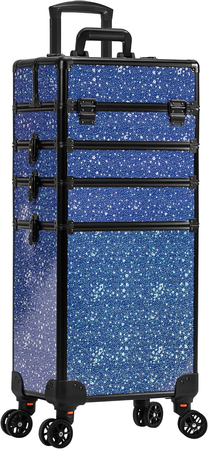 AROUS Rolling Makeup Train Case 5 in 1 Cosmetology Case on Wheels Large Cosmetic Organizer Travel Cart for Hairstylist Artist Nail Beauty Salon Barber,Blue