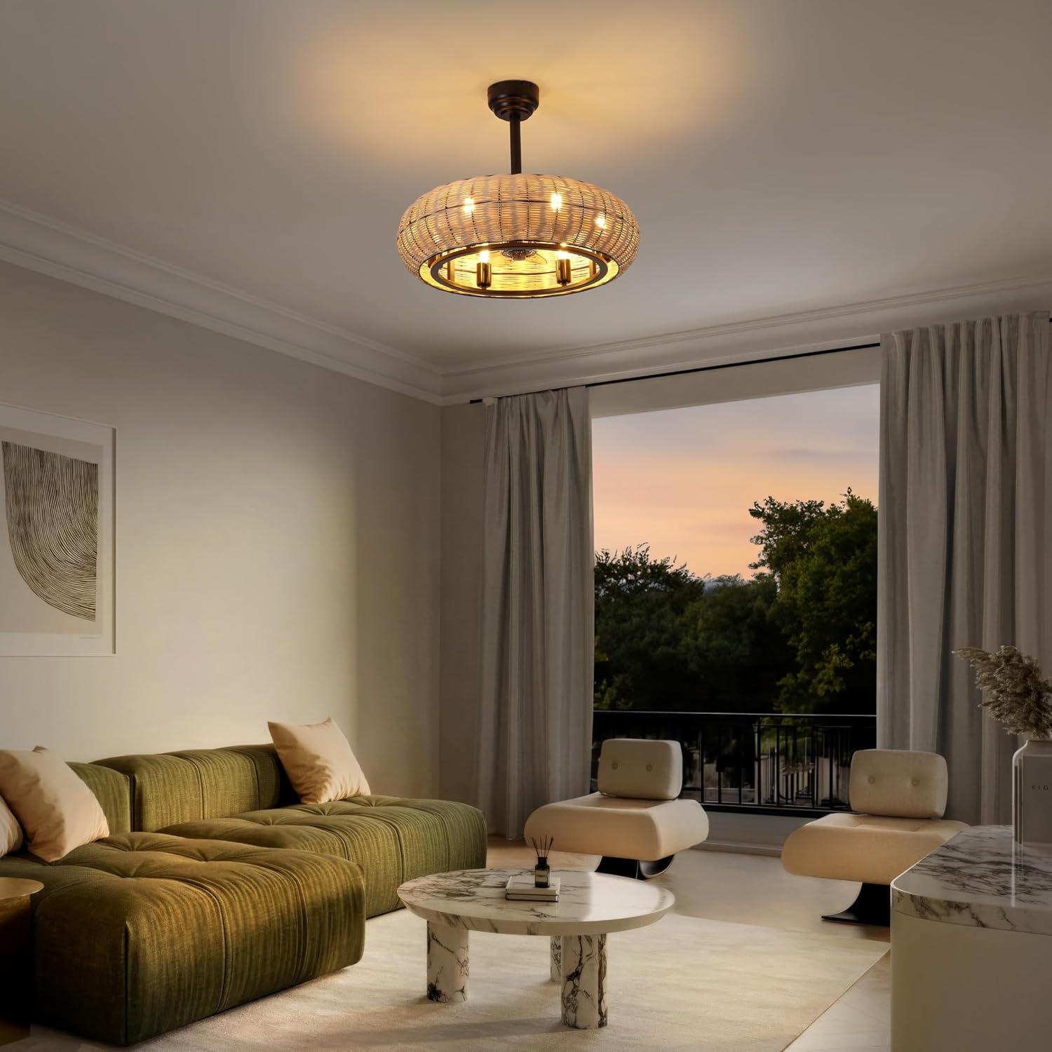 JONATHAN Y 23' Light Brown/Black 6-Light Modern Bohemian Ceiling Fan with Lights, 6-Speed Remote and App Control, Height Adjustable LED Lantern with Dark Brown Rattan Shade for Living Room (JYL9728B)