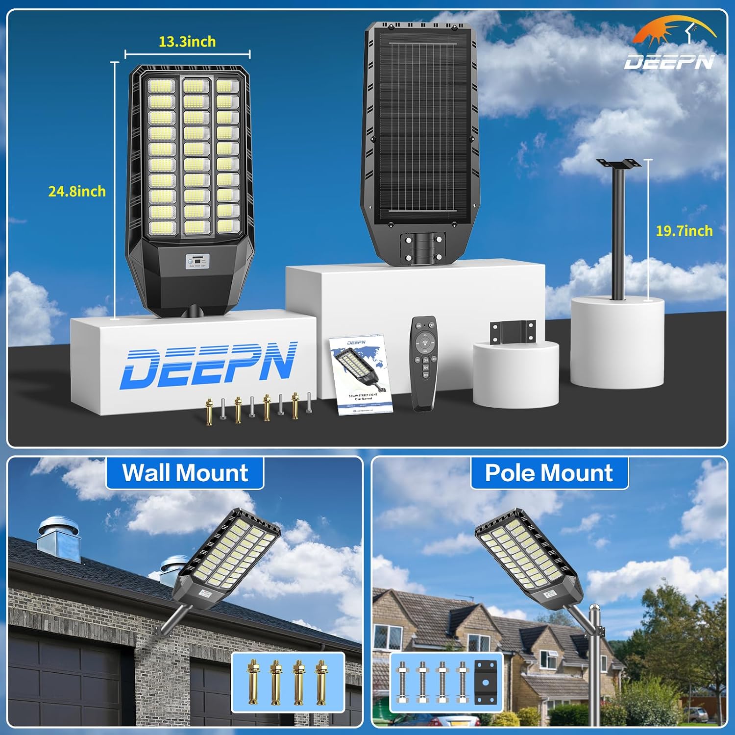 Deepn Solar Street Light, Commercial Grade Solar Lights Outdoor IP67 Waterproof, 9800W LED Flood Security Lights Motion Sensor & Dusk to Dawn Outdoor Lighting for Parking Lots, Streets & Yard, 2 Pack