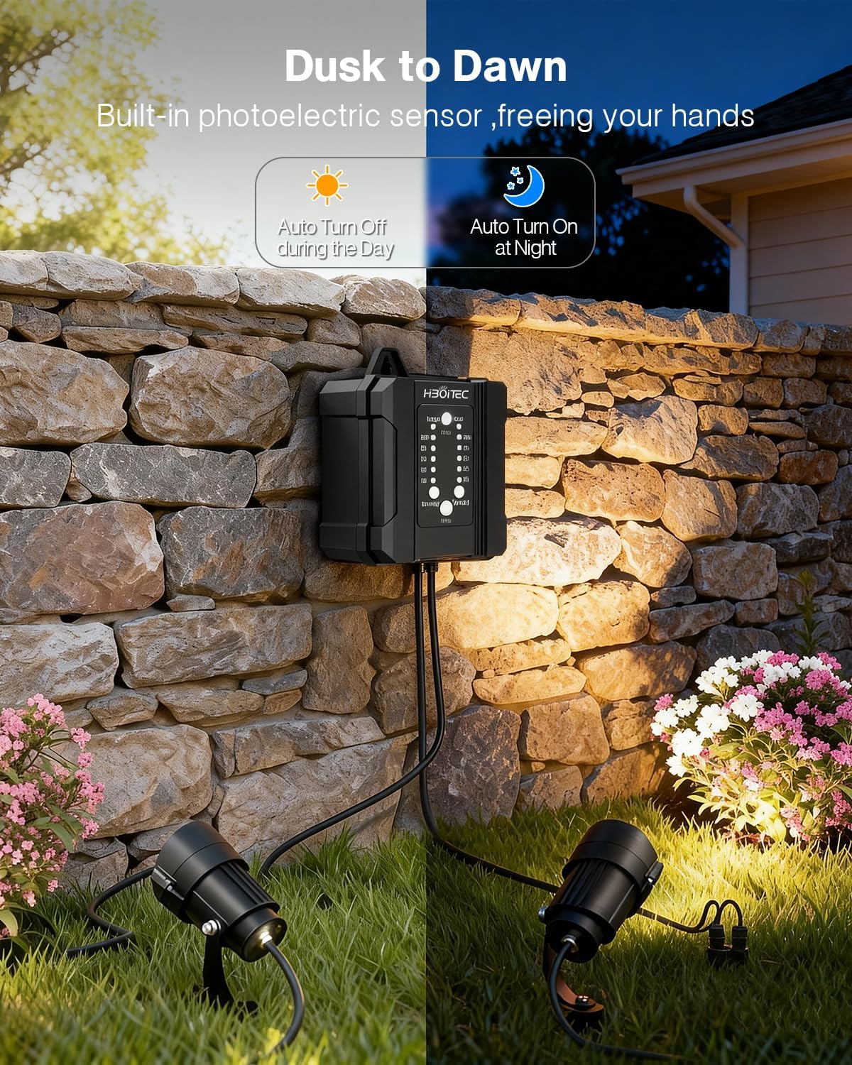 HIBOITEC Low Voltage Landscape Lighting 12W with Connectors 100W Transformer Photocell Sensor and Timer Spotlights Landscape Lights Kit IP65 Waterproof 2900K for House Yard Trees 8 Packs
