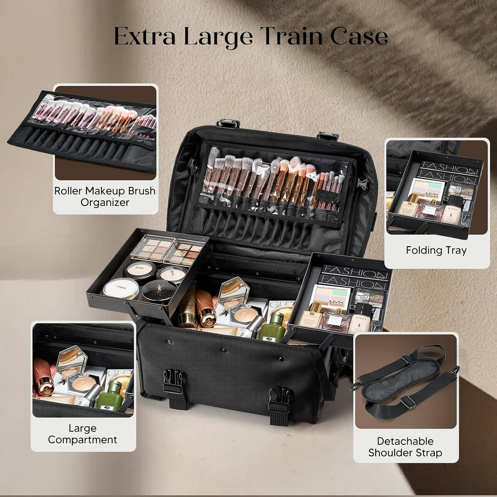 Costravio Travel Makeup Bag, Cosmetology Case on Wheels, 2 IN 1 Hair Tool Organizer, Rolling Nail Organizer Train Case, Large Cosmetic Trolley Suitcase for MUA/Hairstyling/Home-care/Groomer, Black