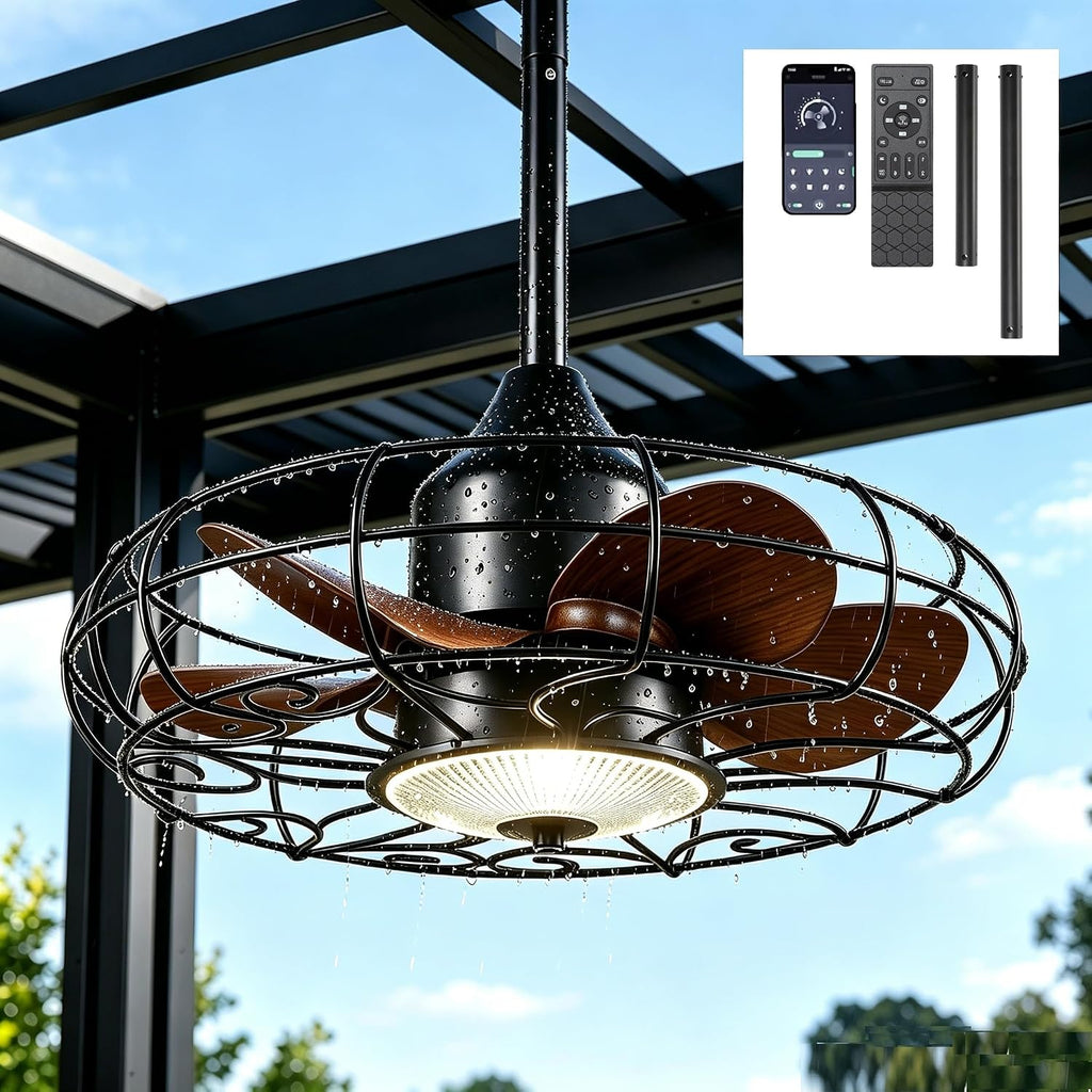 25Inch Outdoor Caged Ceiling Fan with Light Remote Control 3 Color Temp. IP65 Waterproof,Farmhouse Gazebo Fan Light for Patio Canopy Pavilot Living Room Entrance,Black,2026 Upgrad