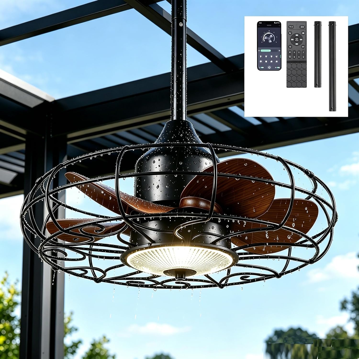 25Inch Outdoor Caged Ceiling Fan with Light Remote Control 3 Color Temp. IP65 Waterproof,Farmhouse Gazebo Fan Light for Patio Canopy Pavilot Living Room Entrance,Black,2026 Upgrad