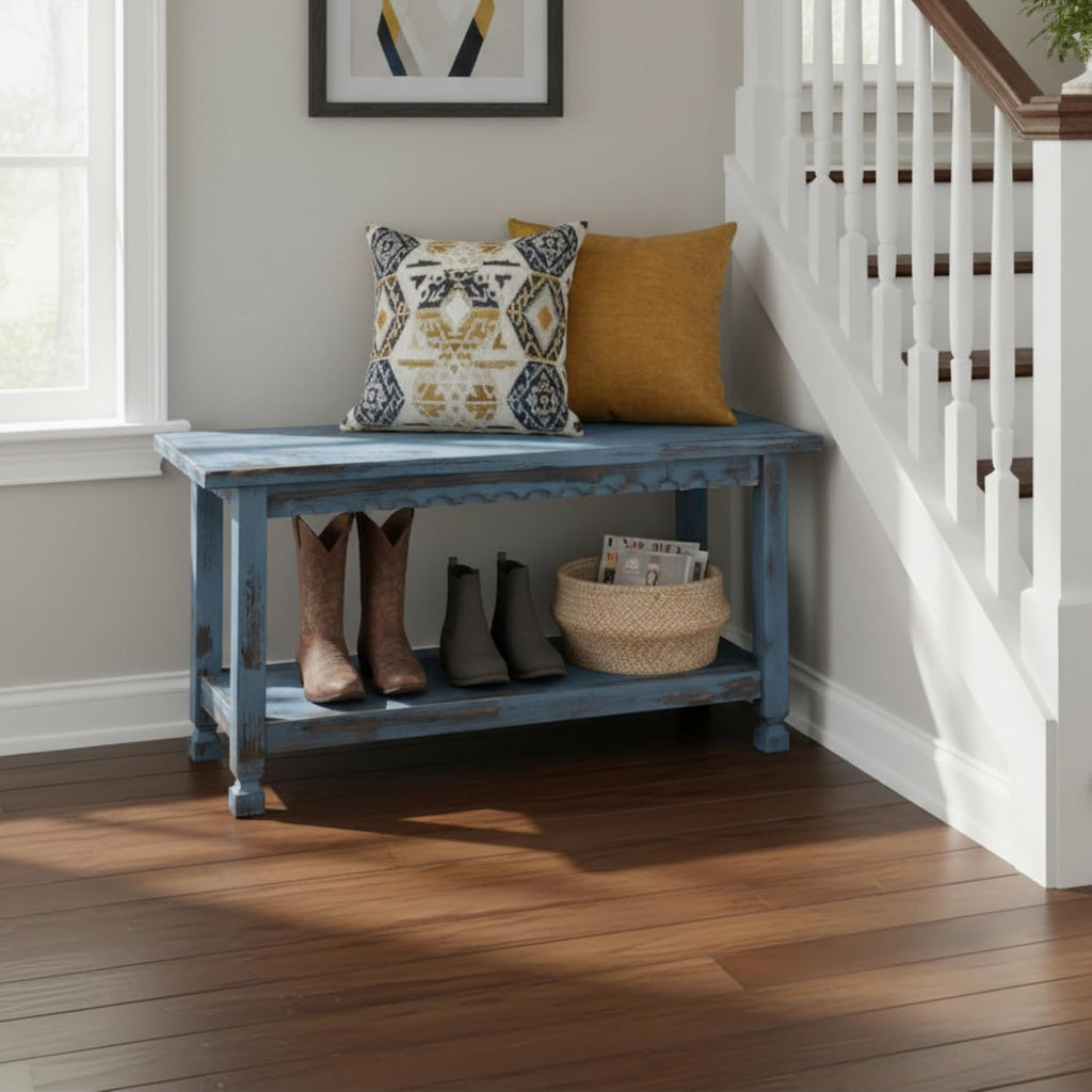 Country Cottage Entryway Bench with Storage Shelf – 36 Inch Solid Wood Farmhouse Bench in Antique Blue Distressed Finish for Rustic Hallway or Living Room Accent by Alaterre Furniture