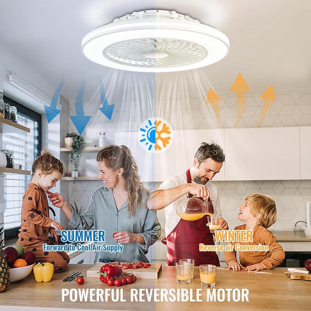 24'' Low Profile Bladeless Ceiling Fans with Lights, Remote/APP Control, 3CCT Dimmable, Flush Mount Ceiling Fan with 6-Speed Reversible for Bedroom Living Room