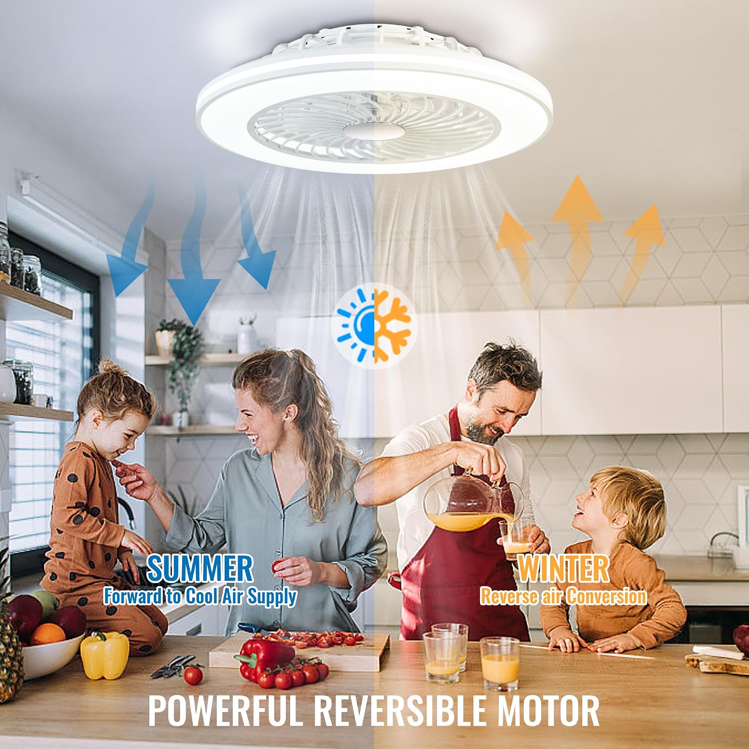 24'' Low Profile Bladeless Ceiling Fans with Lights, Remote/APP Control, 3CCT Dimmable, Flush Mount Ceiling Fan with 6-Speed Reversible for Bedroom Living Room