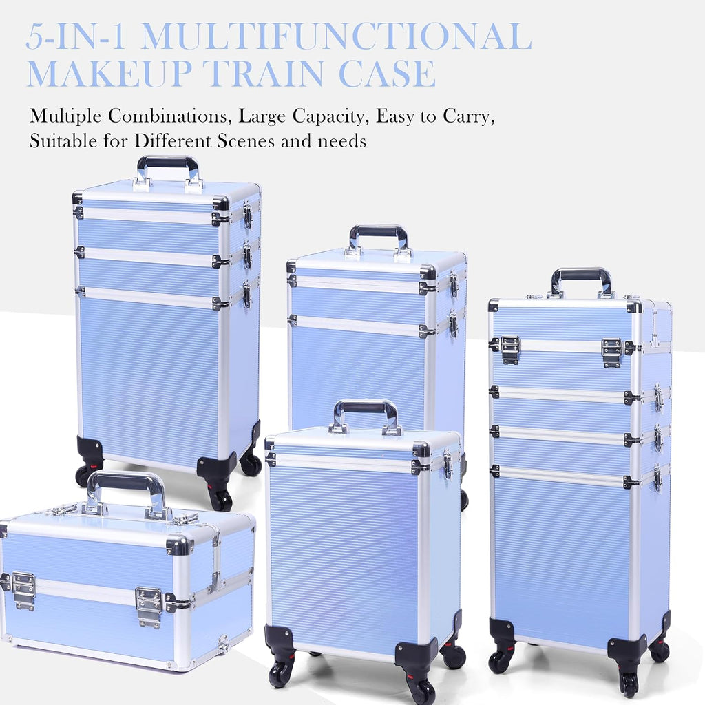 5-in-1 Rolling Makeup Train Case, Large Professional Cosmetic Trolley Organizer on Wheels with 360° Swivel Wheels, Lockable Black Aluminum Travel Case for Makeup Artists, Nail Techs & Hairstylists