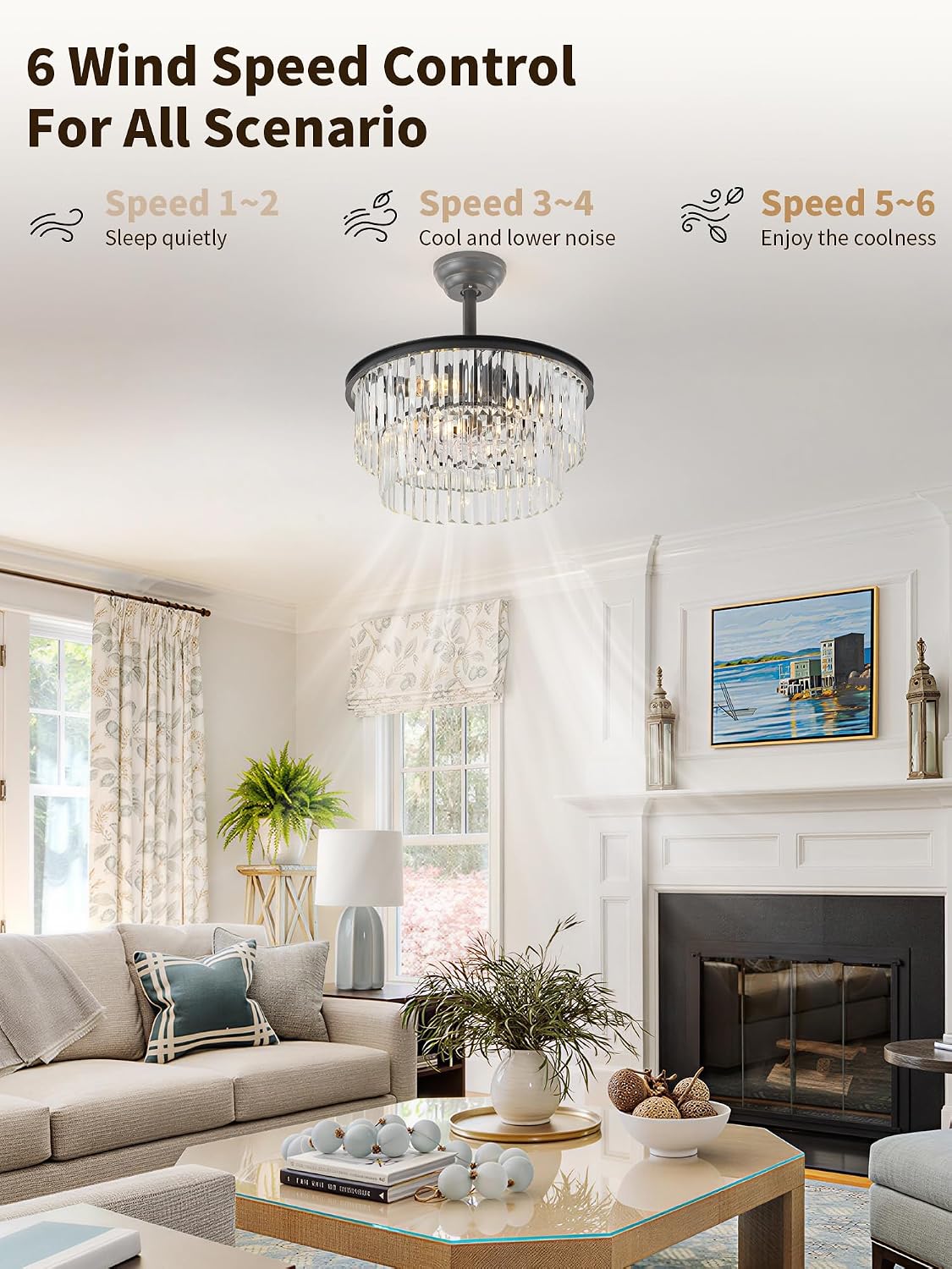 20' Black Crystal Fandelier Ceiling Fans with Lights,Farmhouse Rustic Caged Crystal Chandelier Ceiling Fan with Light Remote Control with 6 Speeds for Bedroom, Nursery, Living Room