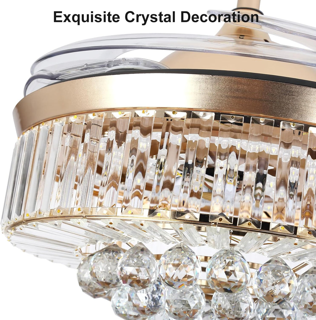 Bavnnro 42'' Fandelier Ceiling Fans with Light, Gold Retractable Crystal Chandelier Fan, Reversible, Remote Control, Dimmable Ceiling Light Kits for Dining Living Room, Bedroom