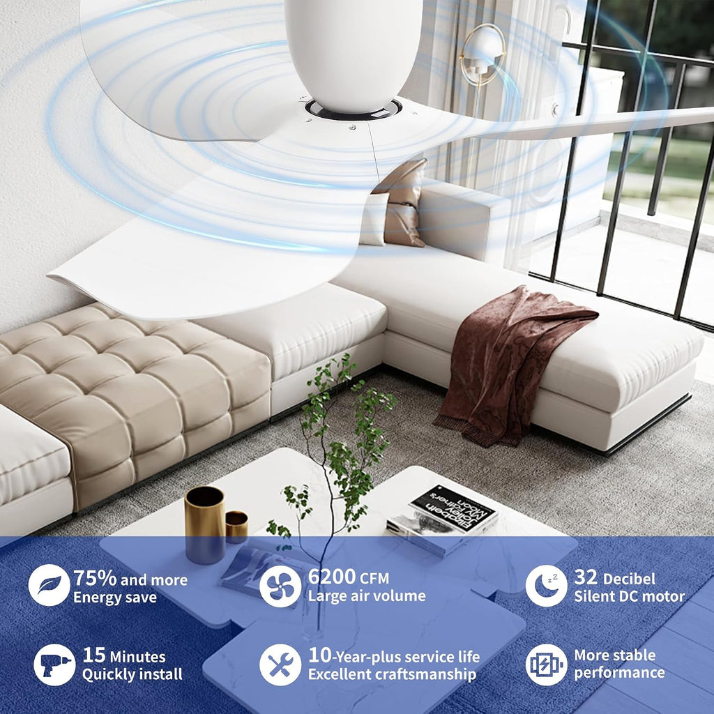 60' White Flush Mount Ceiling Fan with Remote, No Light | Modern Low-Profile, Heat Resistant ABS Blades, 6-Speed Reversible Quiet DC Motor for Balcony, Living Room, Bedroom