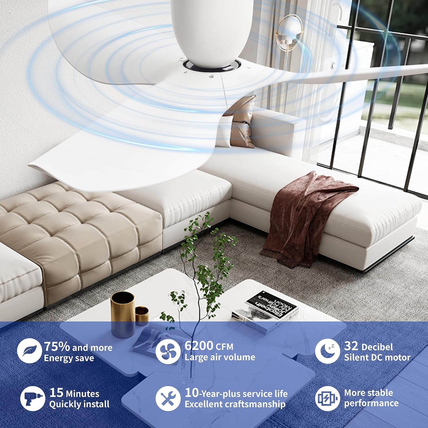 60' White Flush Mount Ceiling Fan with Remote, No Light | Modern Low-Profile, Heat Resistant ABS Blades, 6-Speed Reversible Quiet DC Motor for Balcony, Living Room, Bedroom