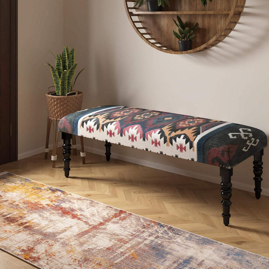 LR Home Upholstered Bench for Bedroom End of Bed |Southwestern Vintage Ottoman Bench with Cushion for Dining, Living Room, Entryway, Window, Outdoor | 47' W X 16' D X 18' H | Red/Ivory/Multicolor