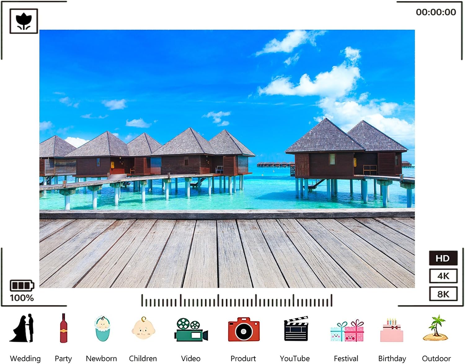 Trykid 20x10ft Tropical Overwater Bungalow Backdrop with Turquoise Ocean and Clear Blue Sky for Photography Background Wedding Bridal Shower Birthday Party Decoration Photo Booth Prop Fabric