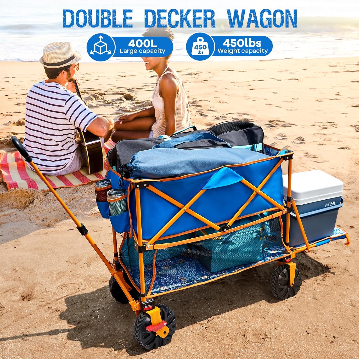Old Bahama Bay 400L Collapsible Double Decker Beach Wagon with Brakes, Folding Beach Cart with 54' Extra Long Decker, 450LBS Heavy Duty Wagon Chart with All-Terrain Big Wheels for Sand Camping Garden