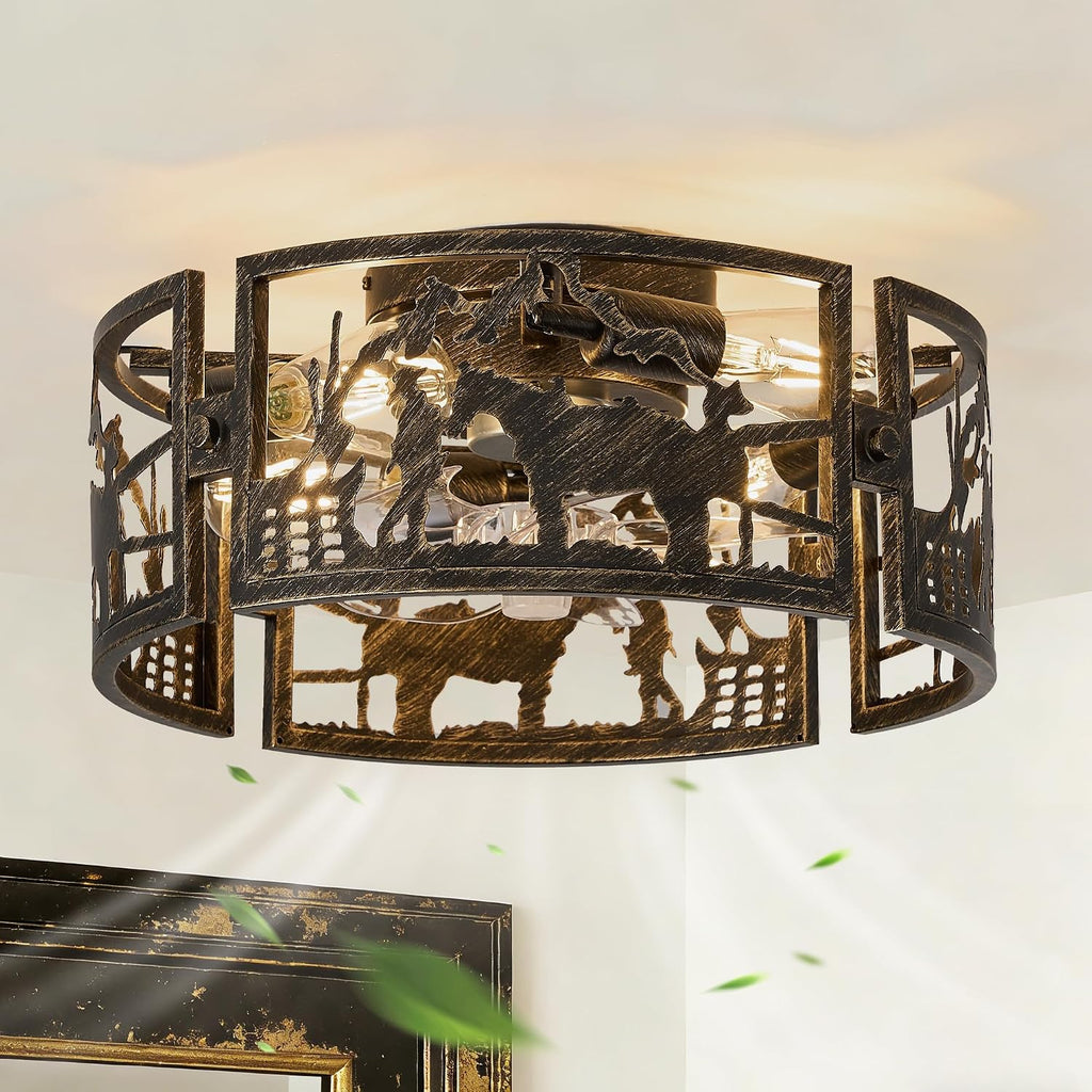 18'Rustic Caged Ceiling Fans with Light and Remote Control, Black Gold Farmhouse Ceiling Fan with Western Cowboy and Horse Design, Flush Mount Low Profile Fandelier for Bedroom, Living Room,Foyer