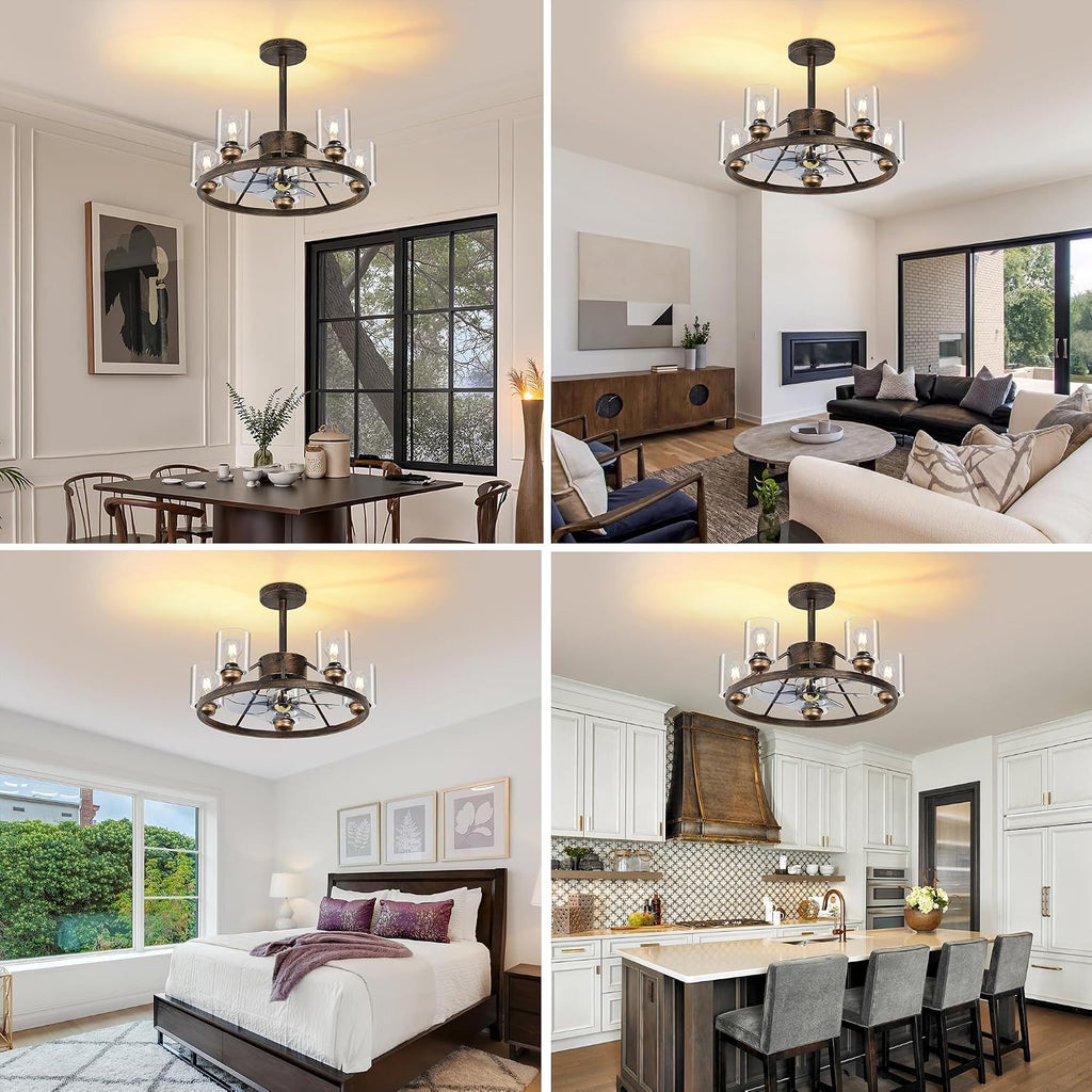 24' Ceiling Fans with Lights Wagon Wheel Chandelier, Farmhouse Fandelier Classical Black Fans with Glass Lampshade Light Fixture, 6 Speed, Timing, Adjustable Height for Dining Room Living Room