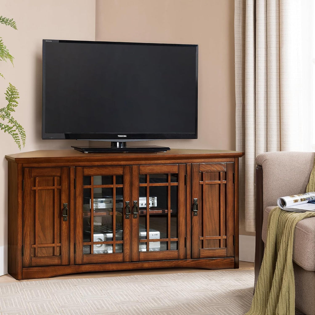 Leick Home 60 in Corner TV Stand, Solid Wood, Adjustable Shelves, Easy Assembly, Mission Style, Blackened Hardware, Medium Oak, 56 in W x 20 in D x 25 in H, 82386