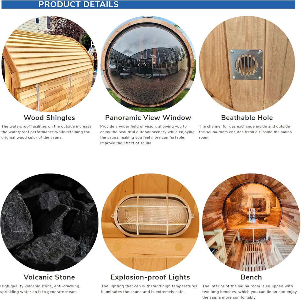 ZONEMEL Wooden Steam Sauna Room with Panoramic View, Canadian Red Cedar Traditional Outdoor Barrel Wood Burning Sauna with Porch, Wood-Fired Stove with Chimney Kit, Wood Shingles, 6-8 Person