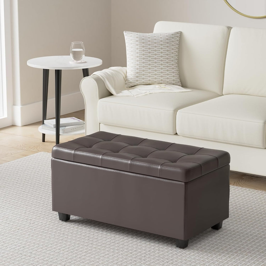 SIMPLIHOME Cosmopolitan Storage Ottoman - 34 inch Wide Upholstered Vegan Leather Rectangle Storage Ottoman Bench in Chocolate Brown, Transitional Tufted Ottoman for Living Room with Lift-Up Lid