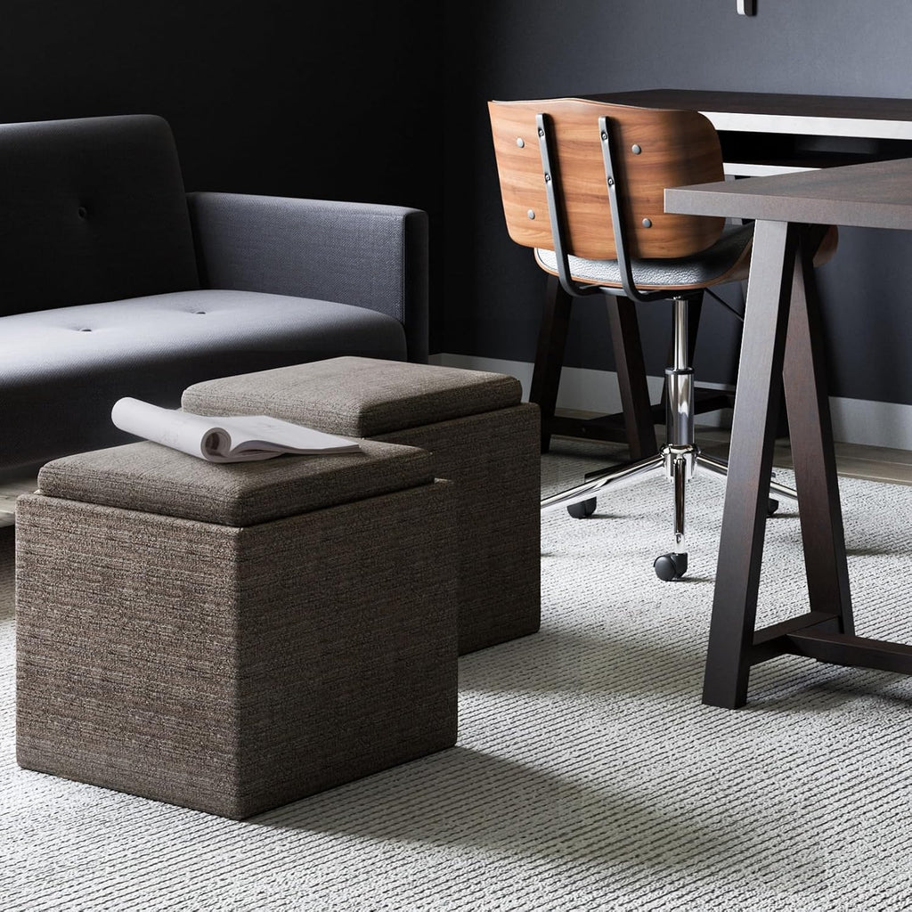 SIMPLIHOME Rockwood Cube Storage Ottoman with Tray - 17' Wide x 17' High Upholstered Tweed Look Fabric Square Storage Ottoman in Mink Brown,Contemporary Cube Ottoman for Living Room with Serving Tray