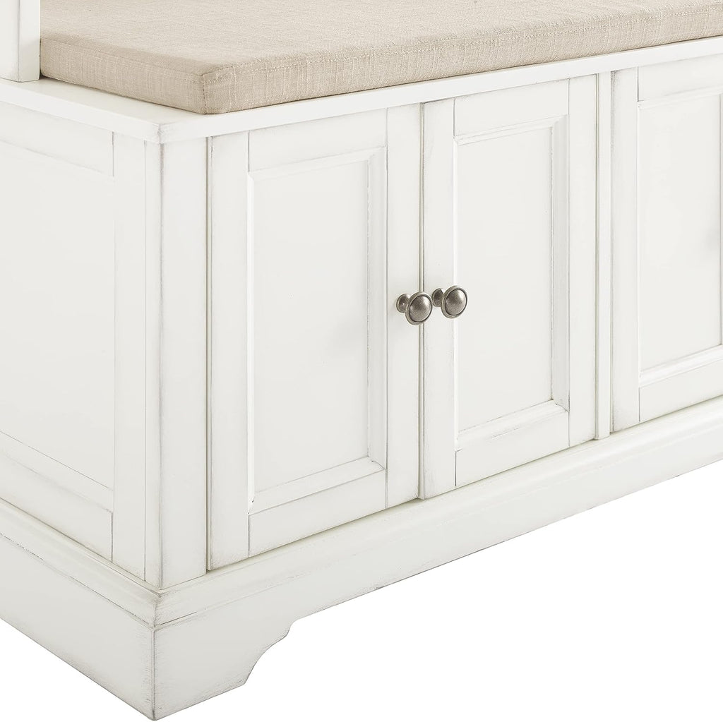 Crosley Furniture Holbrook Hall Tree with Shoe Rack Bench and Coat Hooks for Hanging Storage, Distressed White