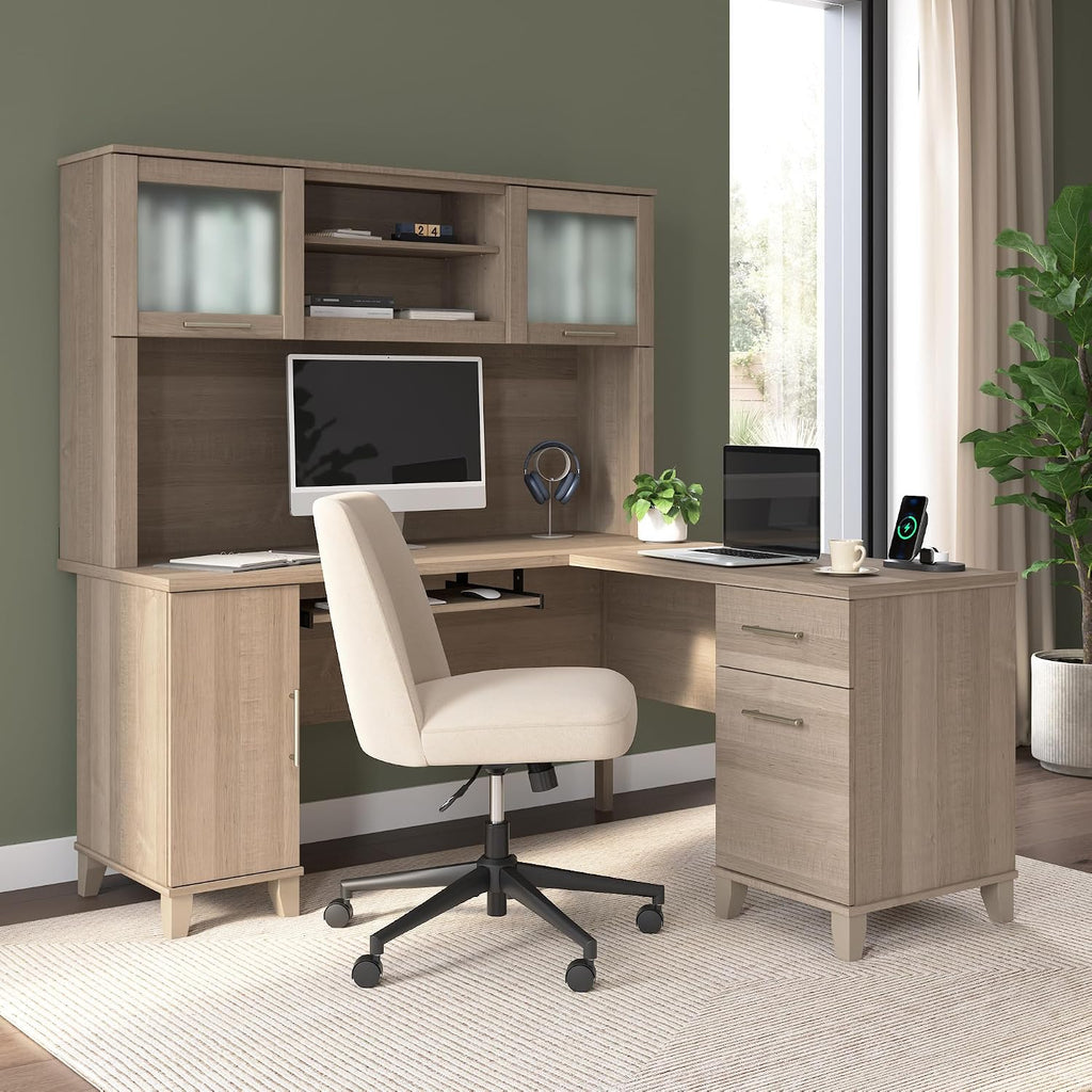 Bush Home 60-Inch L-Shaped Desk with Hutch, Corner Computer Office Desk with File and Box Drawers, Shelves and Storage Cabinet, Home Office Workstation, Somerset Collection, Ash Gray