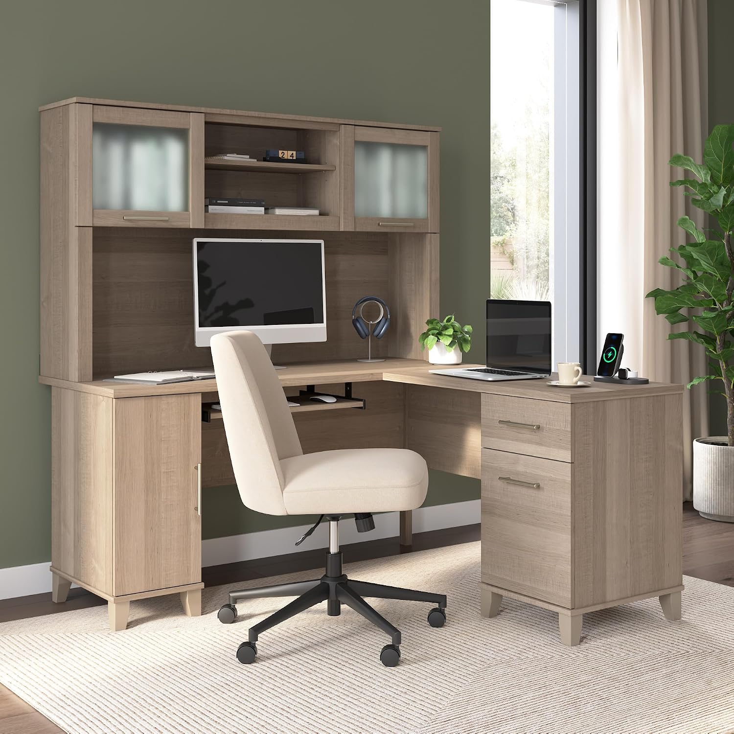 Bush Home 60-Inch L-Shaped Desk with Hutch, Corner Computer Office Desk with File and Box Drawers, Shelves and Storage Cabinet, Home Office Workstation, Somerset Collection, Ash Gray