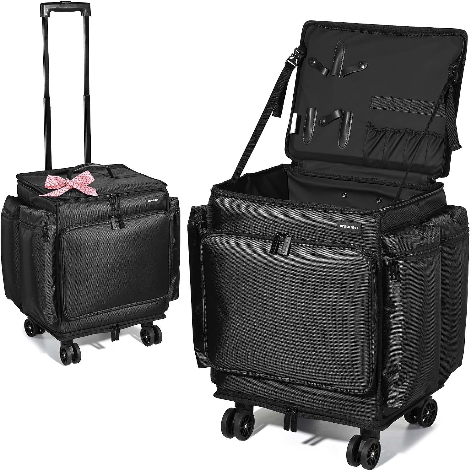 BYOOTIQUE Rolling Makeup Train Case Soft Sided Travel Cosmetic Organizer Storage 1680D Nylon Fabric Trolley Suitcase Mobile Barber Station, Black