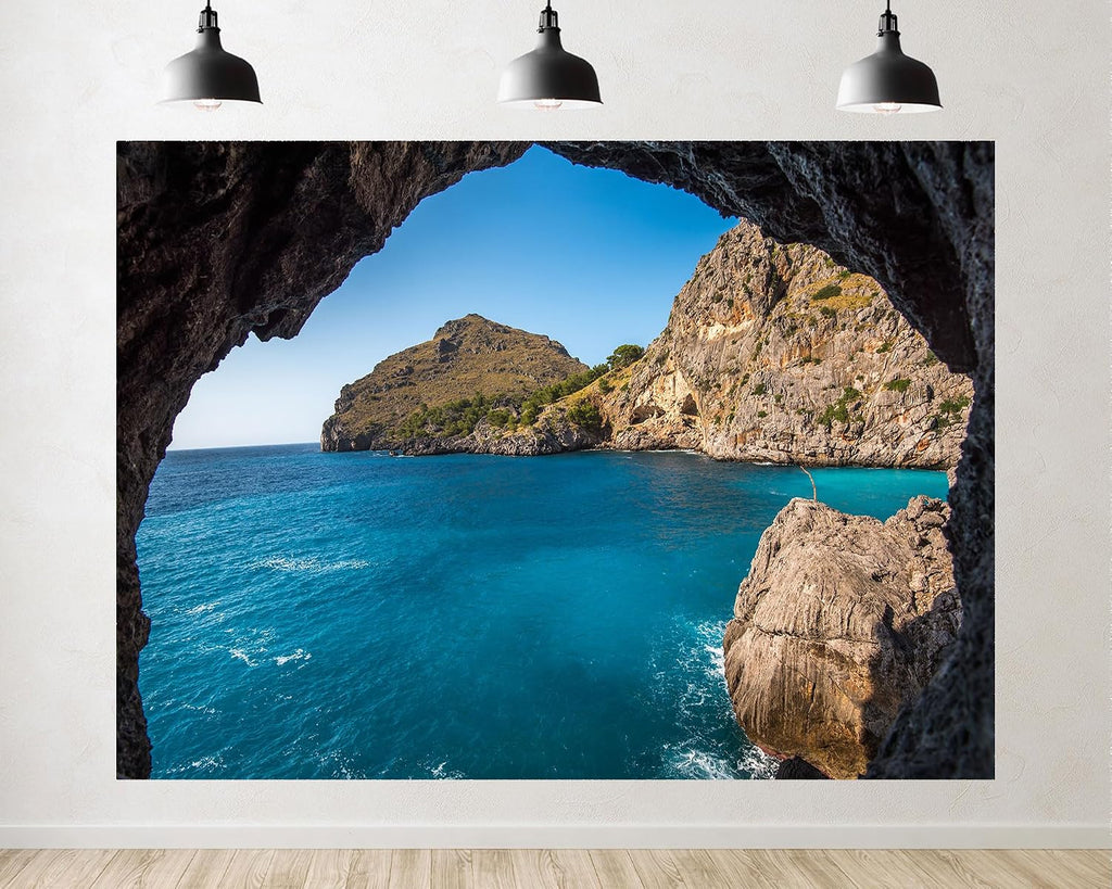 Trykid 20x10ft Cave View Turquoise Sea Backdrop Rocky Cliffs Green Hills Clear Sky Photography Background Coastal Adventure Exploration Tapestry Party Decoration Photo Studio Prop Fabric